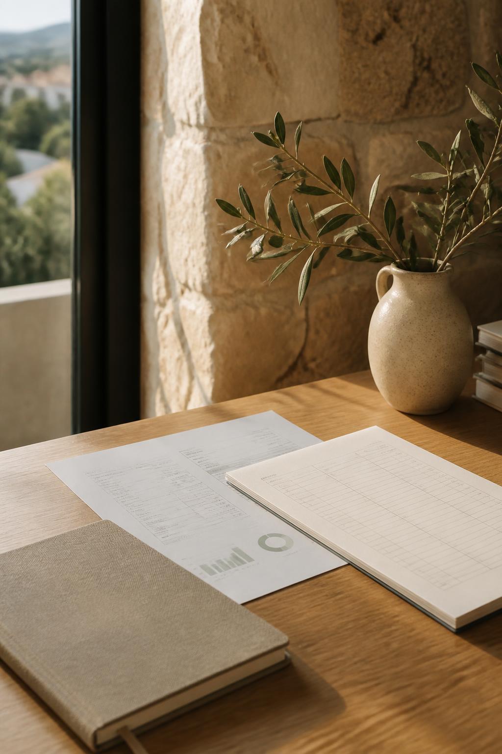 A Cyprus office desk with an electricity bill, a reporting ledger and an olive branch