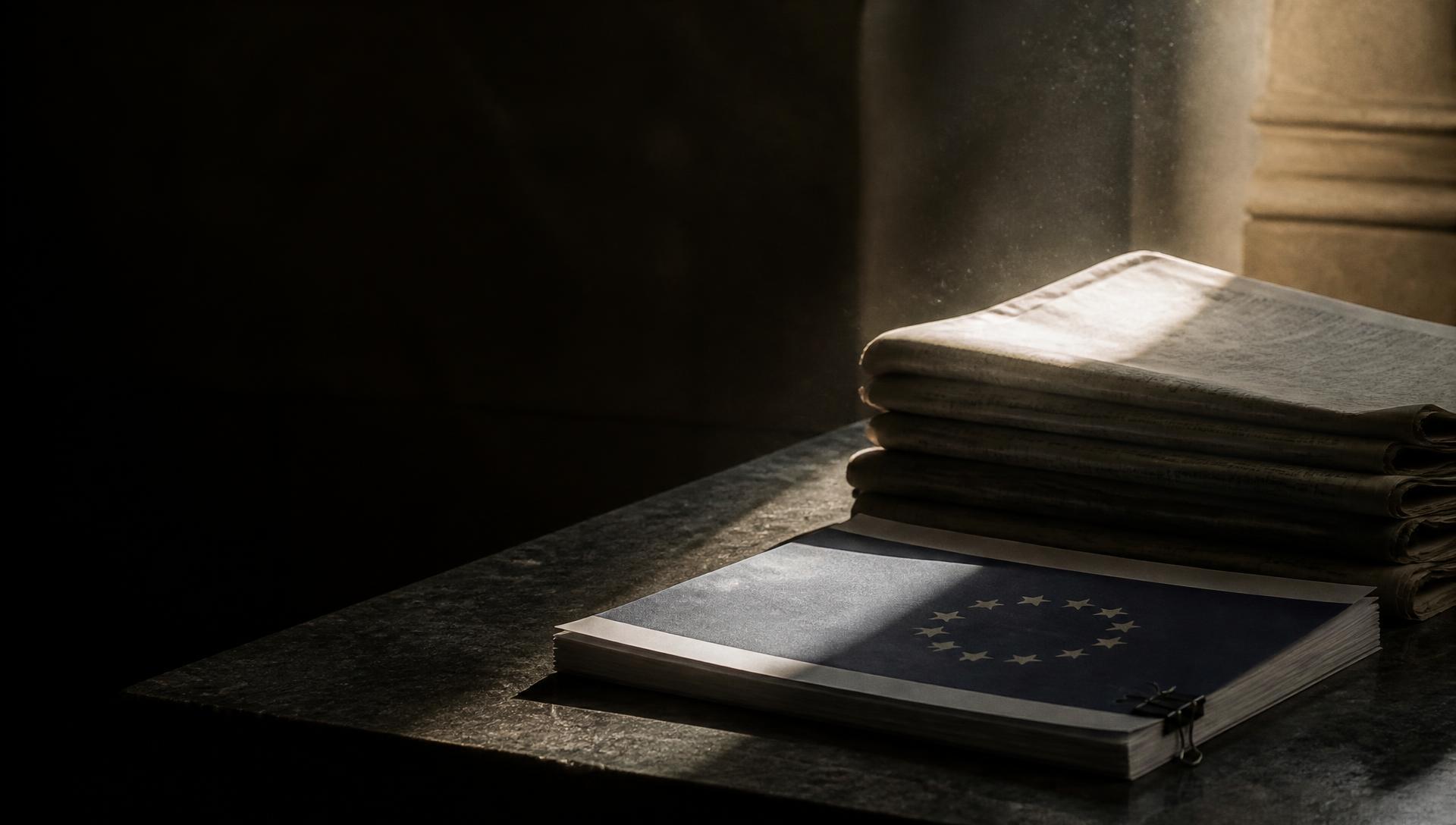 Folded newspapers and an EU policy dossier on a stone table in morning light