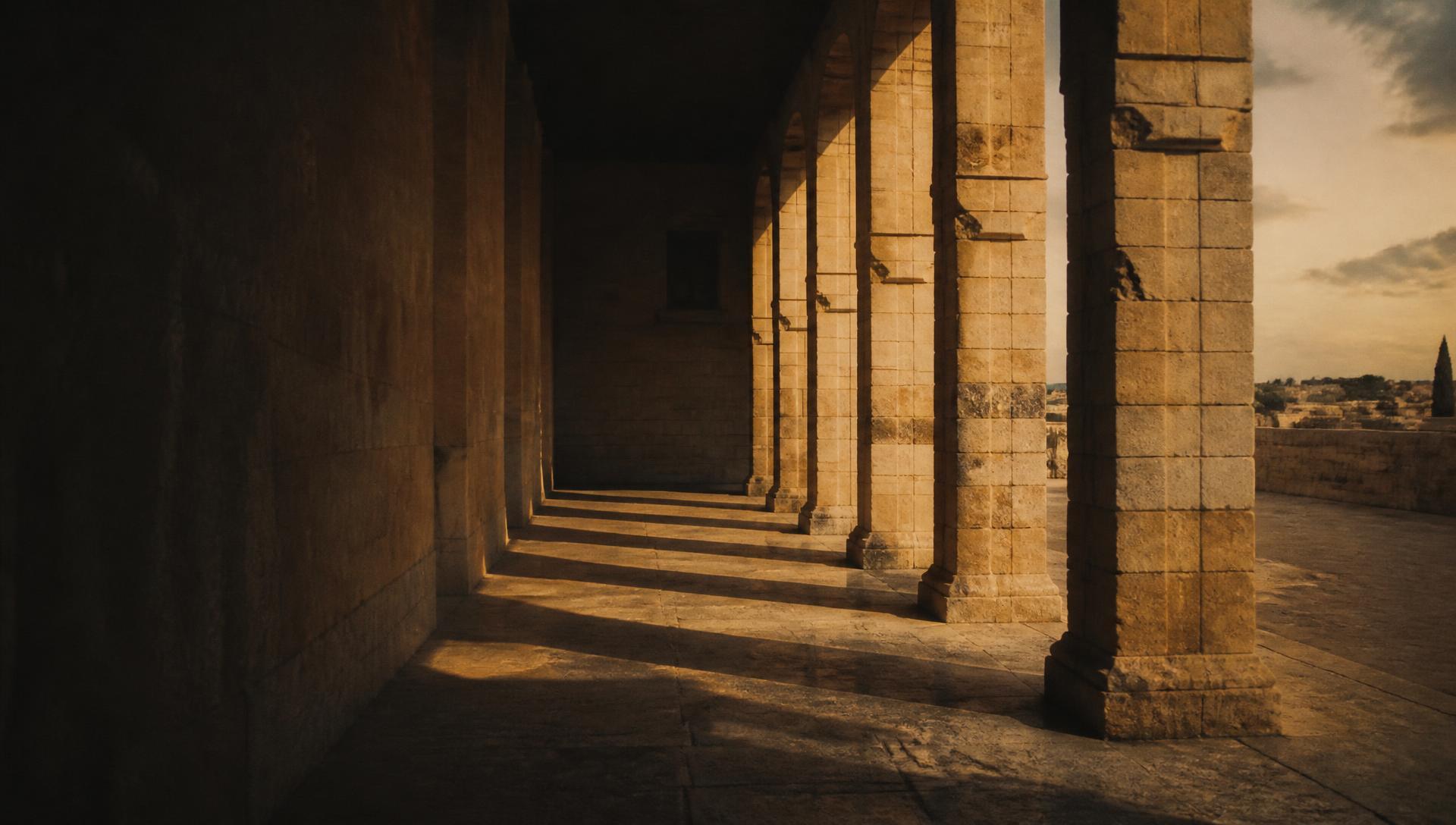 Limestone colonnade in low Mediterranean sunlight