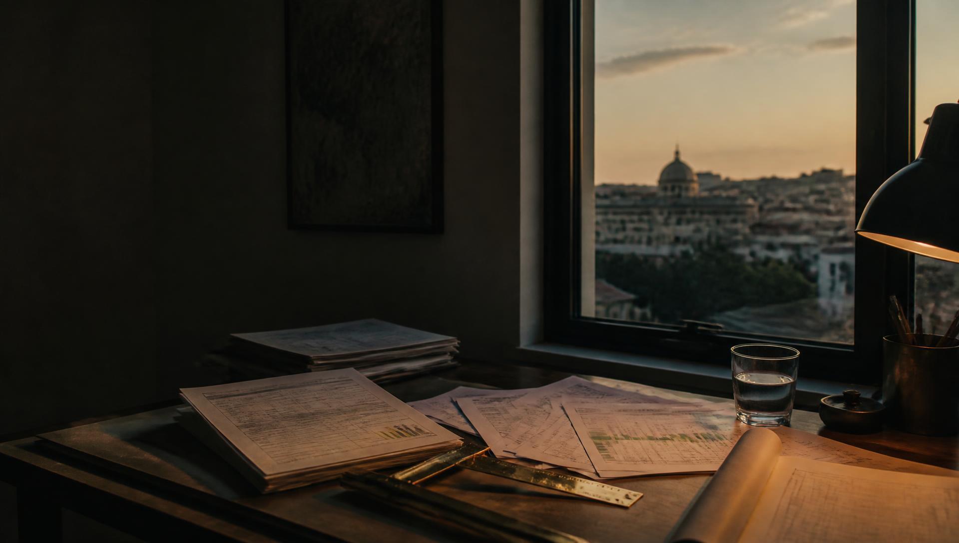 A Nicosia desk at dusk with printed energy bills and emission worksheets