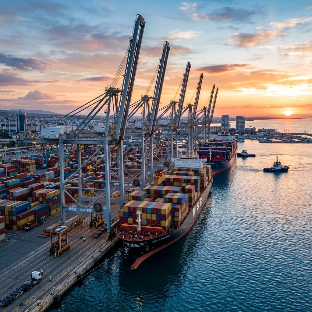 Container ships and gantry cranes at the port of Limassol at sunrise