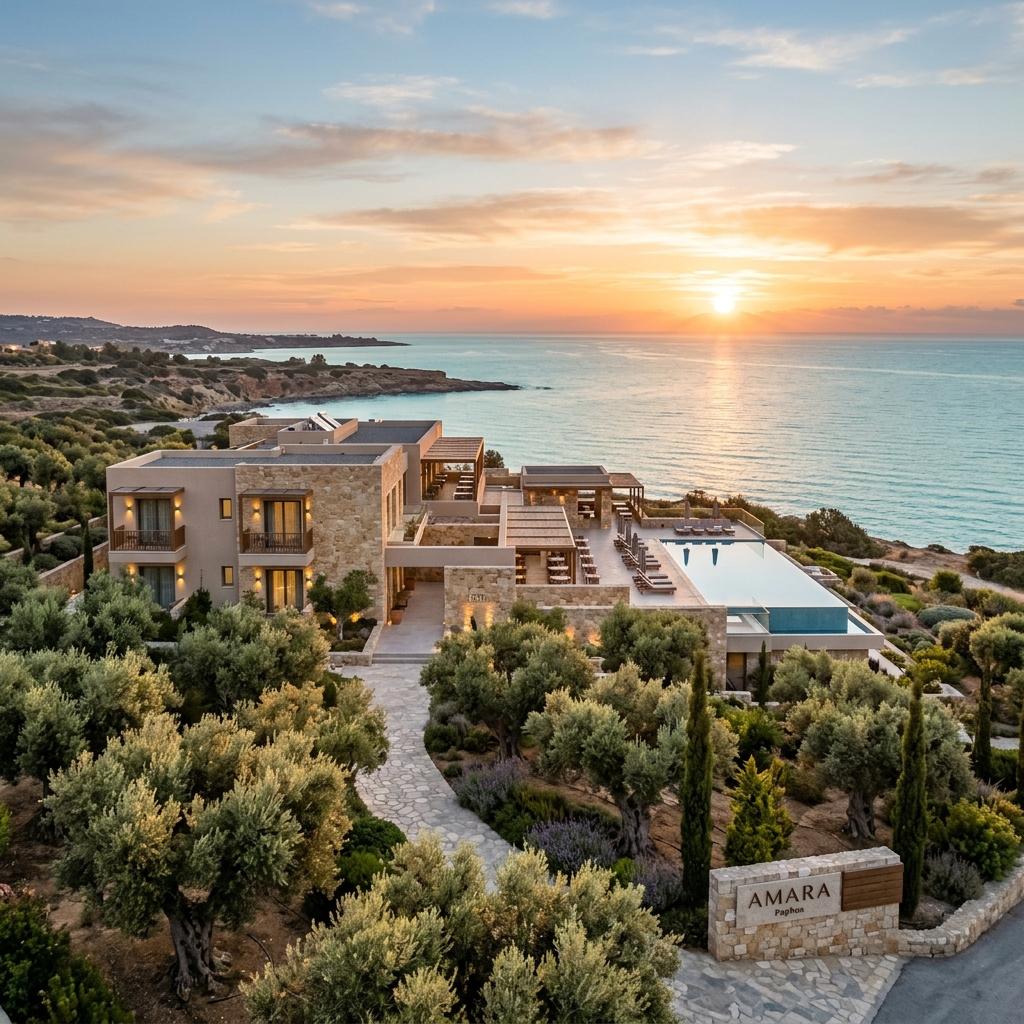 A Paphos boutique hotel courtyard at sunrise