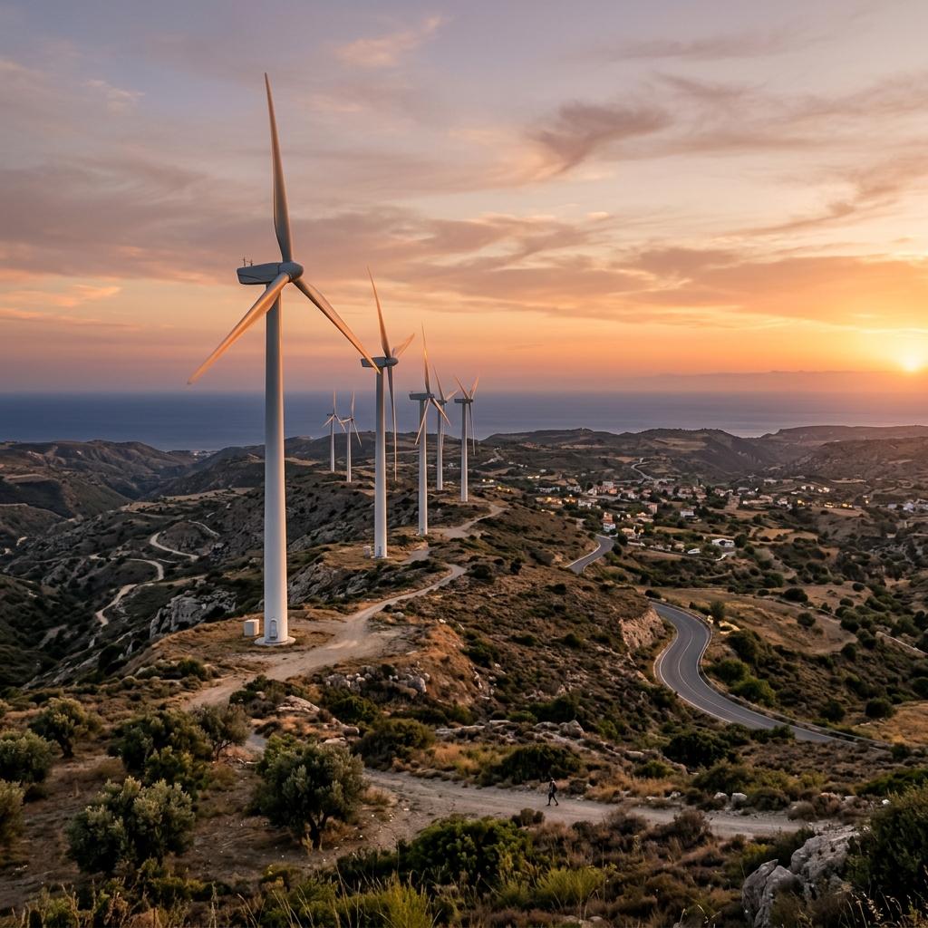Wind turbines above the Oreites plateau in Cyprus at golden hour