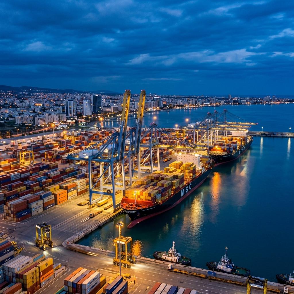 Cargo cranes and stacked containers at the port of Limassol