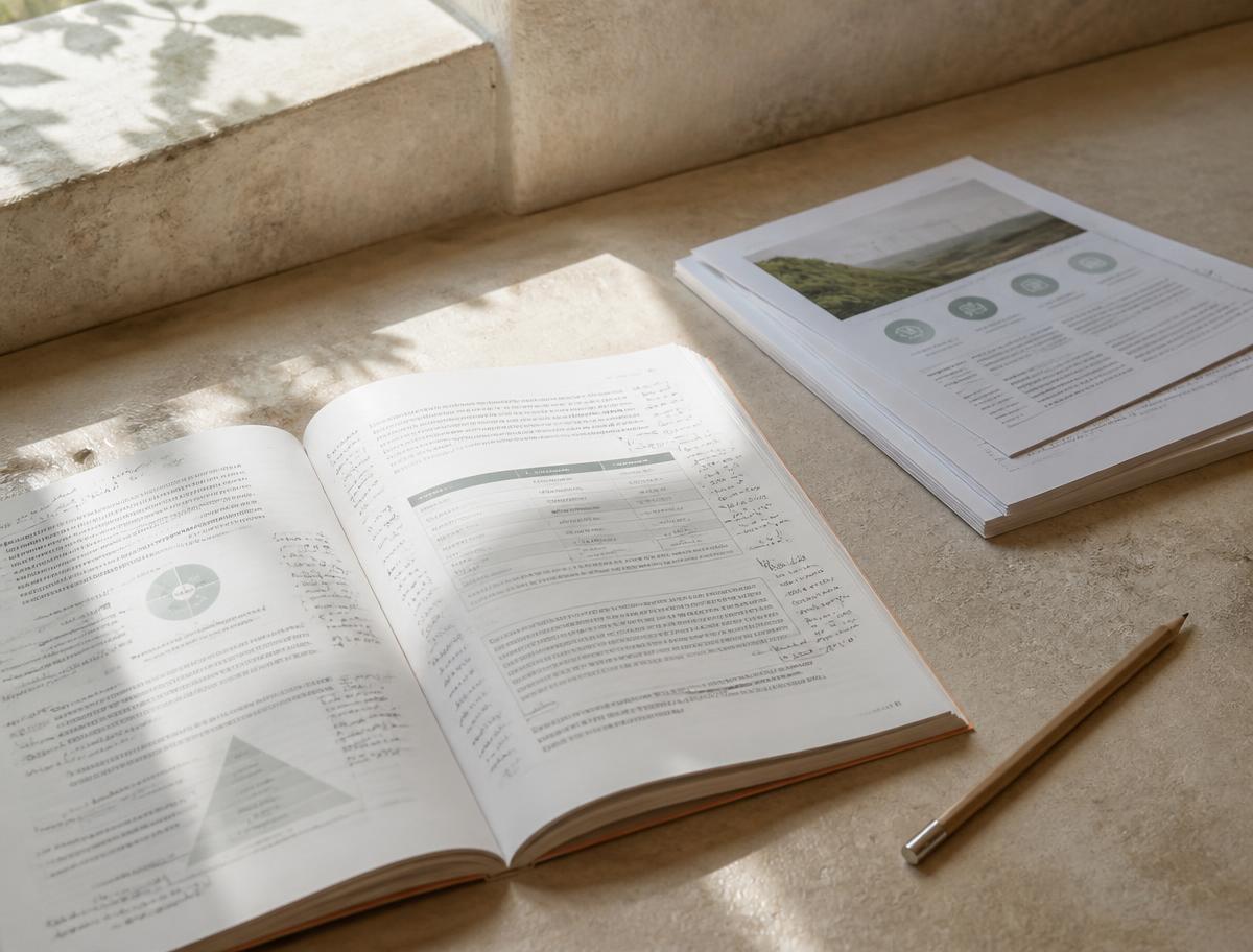 Annotated sustainability training workbook on a limestone desk