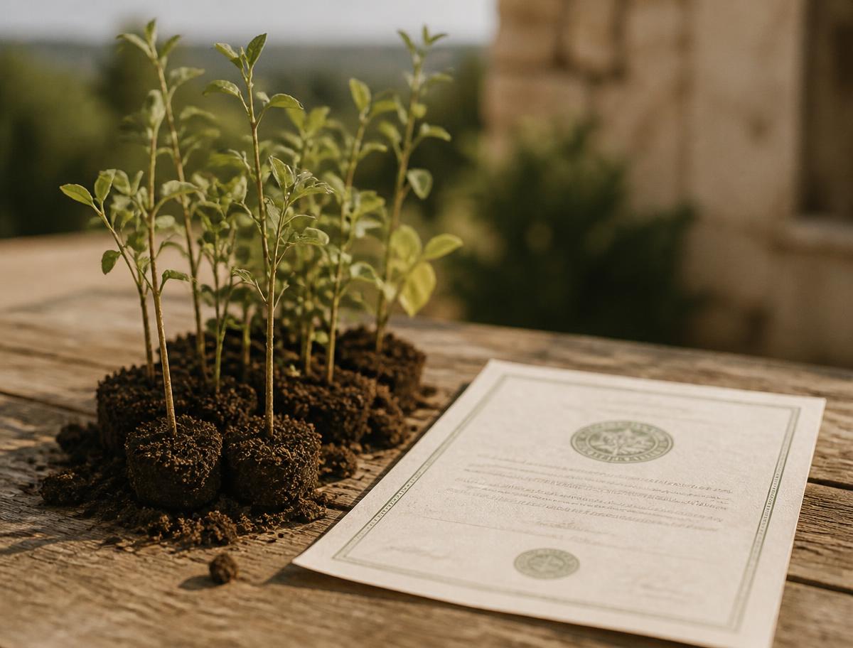 Tree saplings beside a verified carbon credit certificate