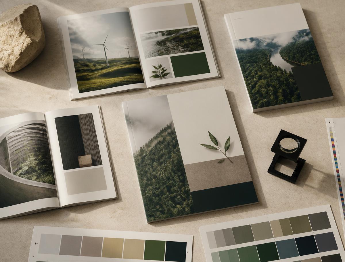 Printed sustainability report spreads with colour swatch strips