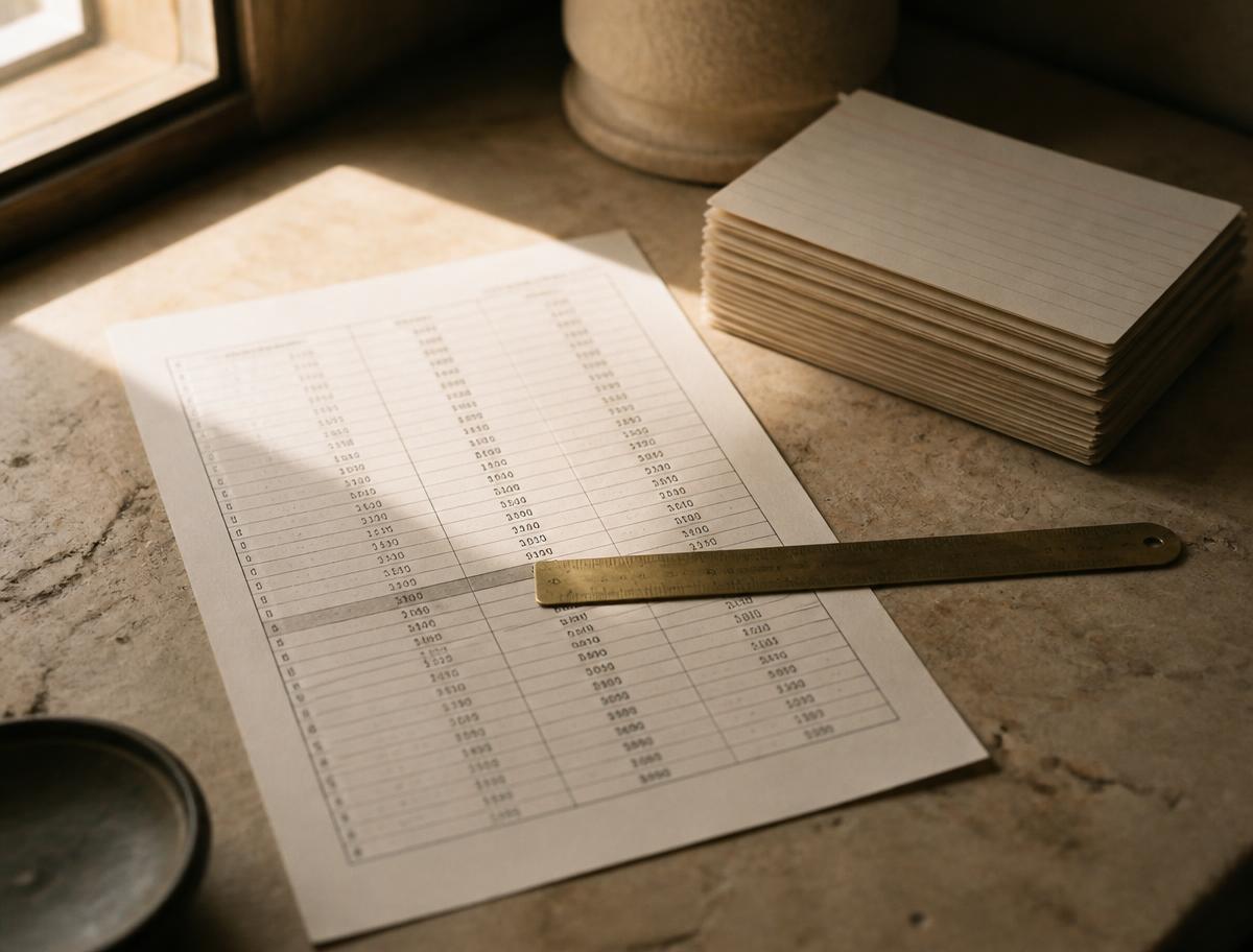 Printed ranking table with a brass ruler marking one row