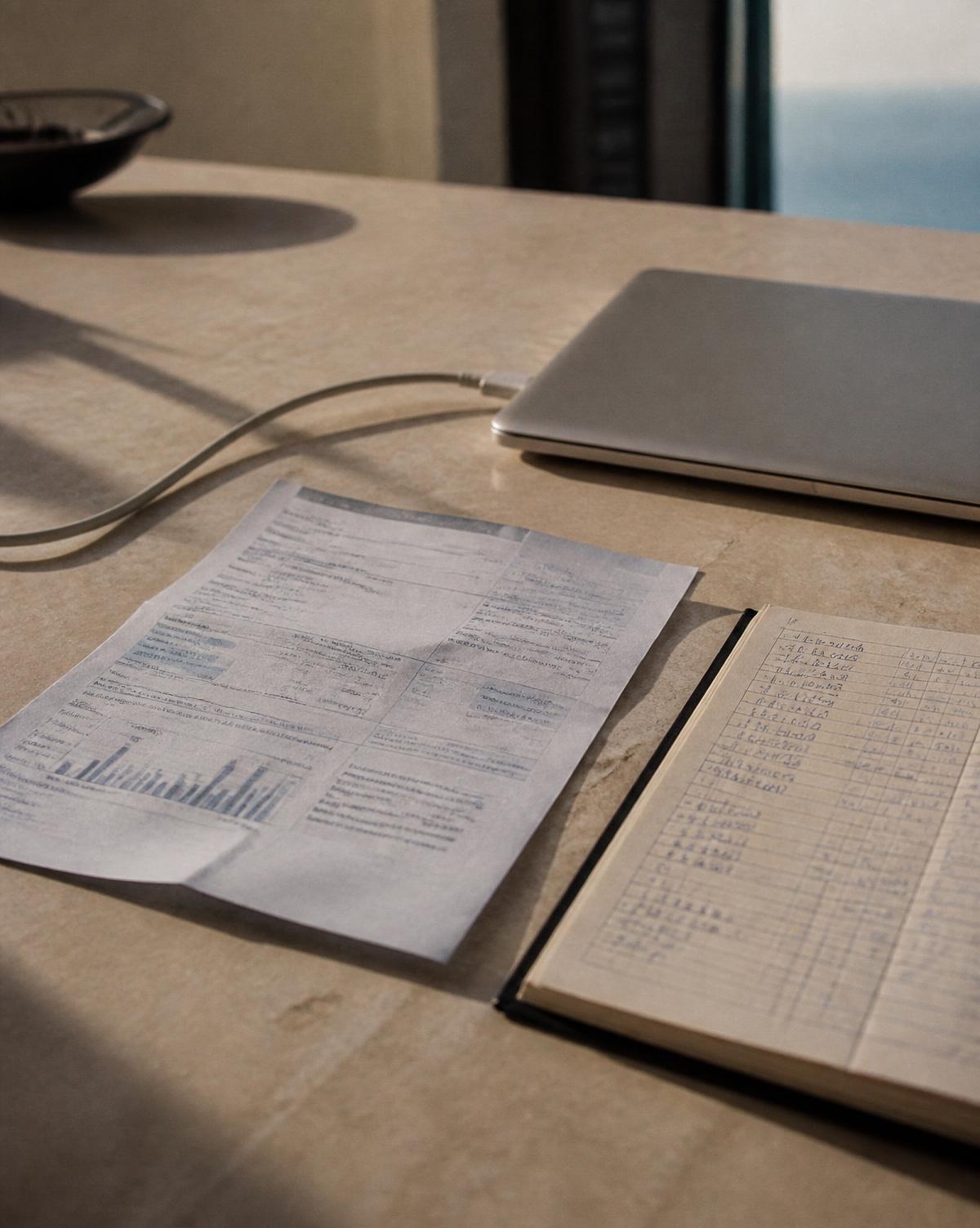 Utility bill and accounting ledger beside a laptop with a connected cable
