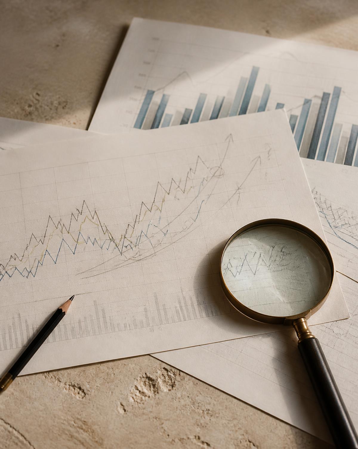 Printed trend charts with pencil annotations under a magnifying loupe