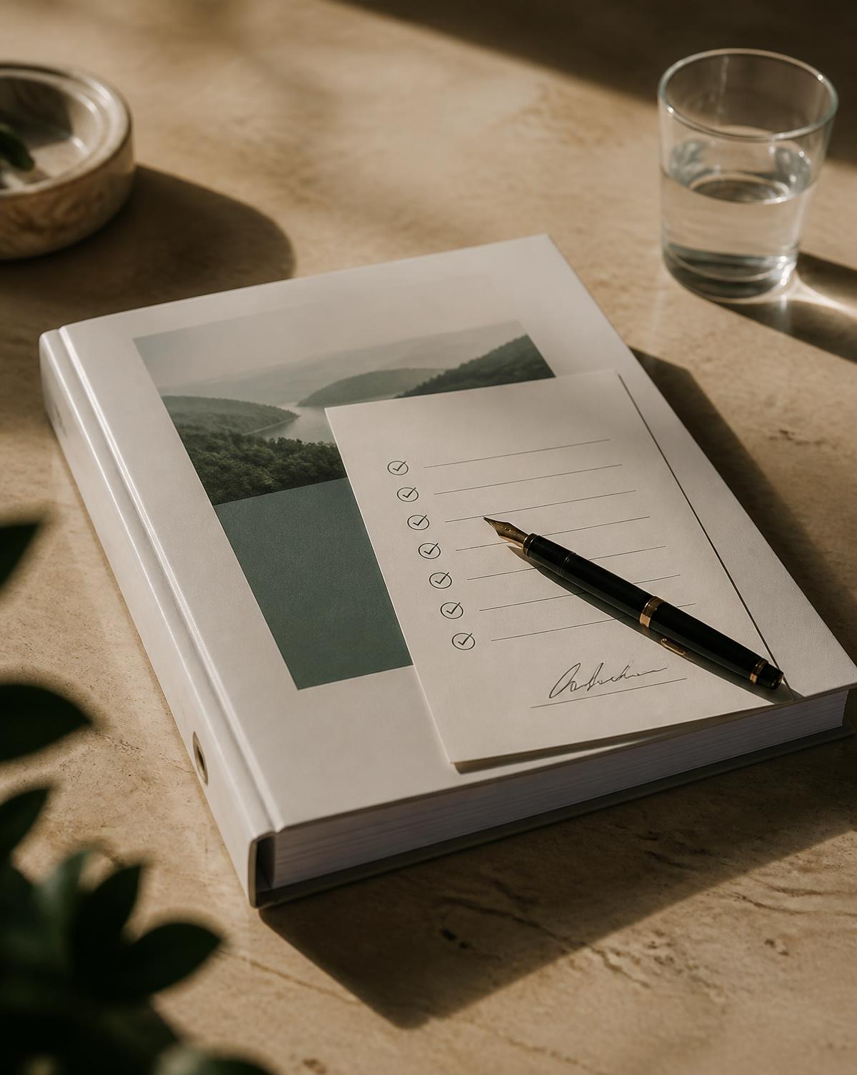 Bound sustainability report with a signed checklist and fountain pen